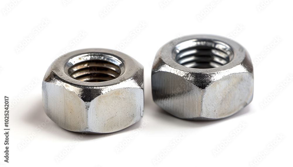 Two metal nyloc nuts on white background Two metal nyloc nuts on white background