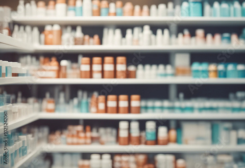 Pharmacy drugstore shelves interior blurred abstract background with copy space