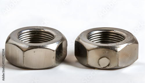 Two metal nyloc nuts on white background photo