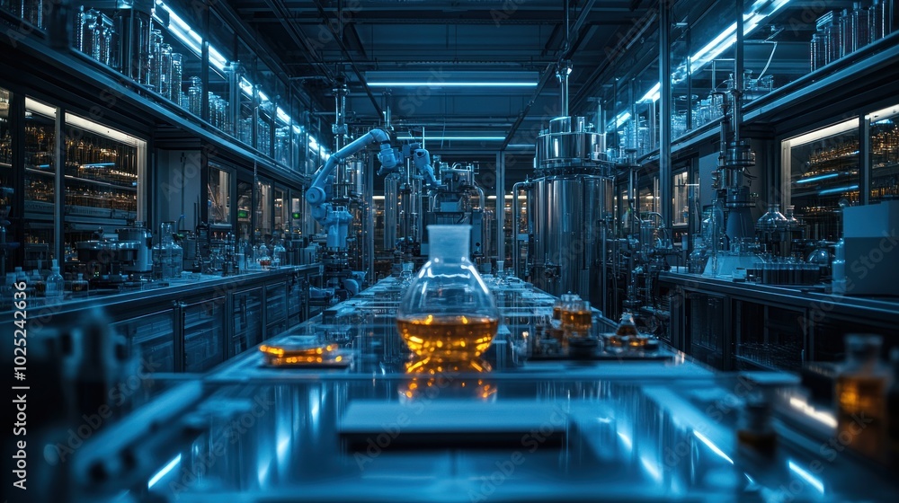 A futuristic laboratory with a robotic arm working in the background and a large glass flask filled with a glowing yellow liquid on the workbench in the foreground. A futuristic laboratory with a robotic arm working in the background and a large glass flask filled with a glowing yellow liquid on the workbench in the foreground.