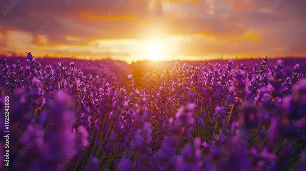 Obraz premium A field filled with vibrant purple blossoms bathed in a golden sun at noon