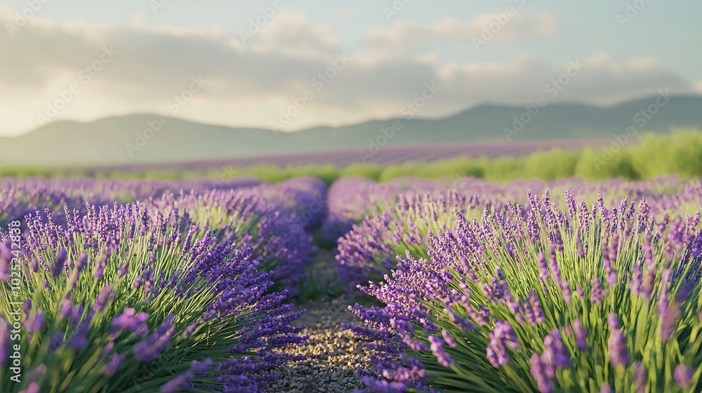 Obraz premium A field full of lavender flowers with mountains in the background and clouds in the foreground