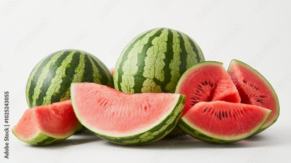 Assortment of watermelons and watermelon slices, vividly displayed on a white backdrop, showcasing their natural juiciness Assortment of watermelons and watermelon slices, vividly displayed on a white backdrop, showcasing their natural juiciness