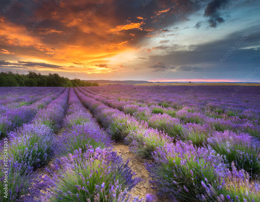 Fototapeta premium Lavender field at sunset with vibrant colors and a stunning sky near rural countryside