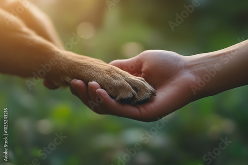 Human hand holding dog paws, symbolizing friendship and love between pet owner and animal