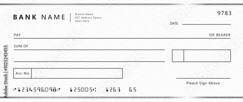 Bank check, vector blank money cheque, checkbook template with guilloche pattern and fields. Currency payment coupon, money check background
