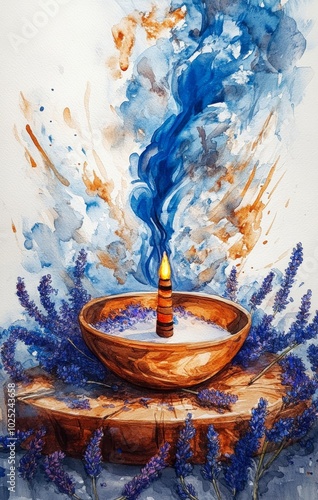 This clipart illustration depicts an aroma pyramid stick with smoke in a ceramic bowl, surrounded by purple avender flowers on a wooden stand, isolated on white. photo