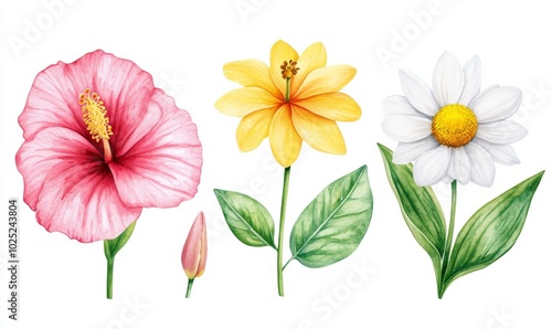 This watercolor set depicts exotic flowers. Hand drawn botanical illustrations isolated on a white background. This set can be used for stickers, cards, abstract prints, cosmetic package designs, and