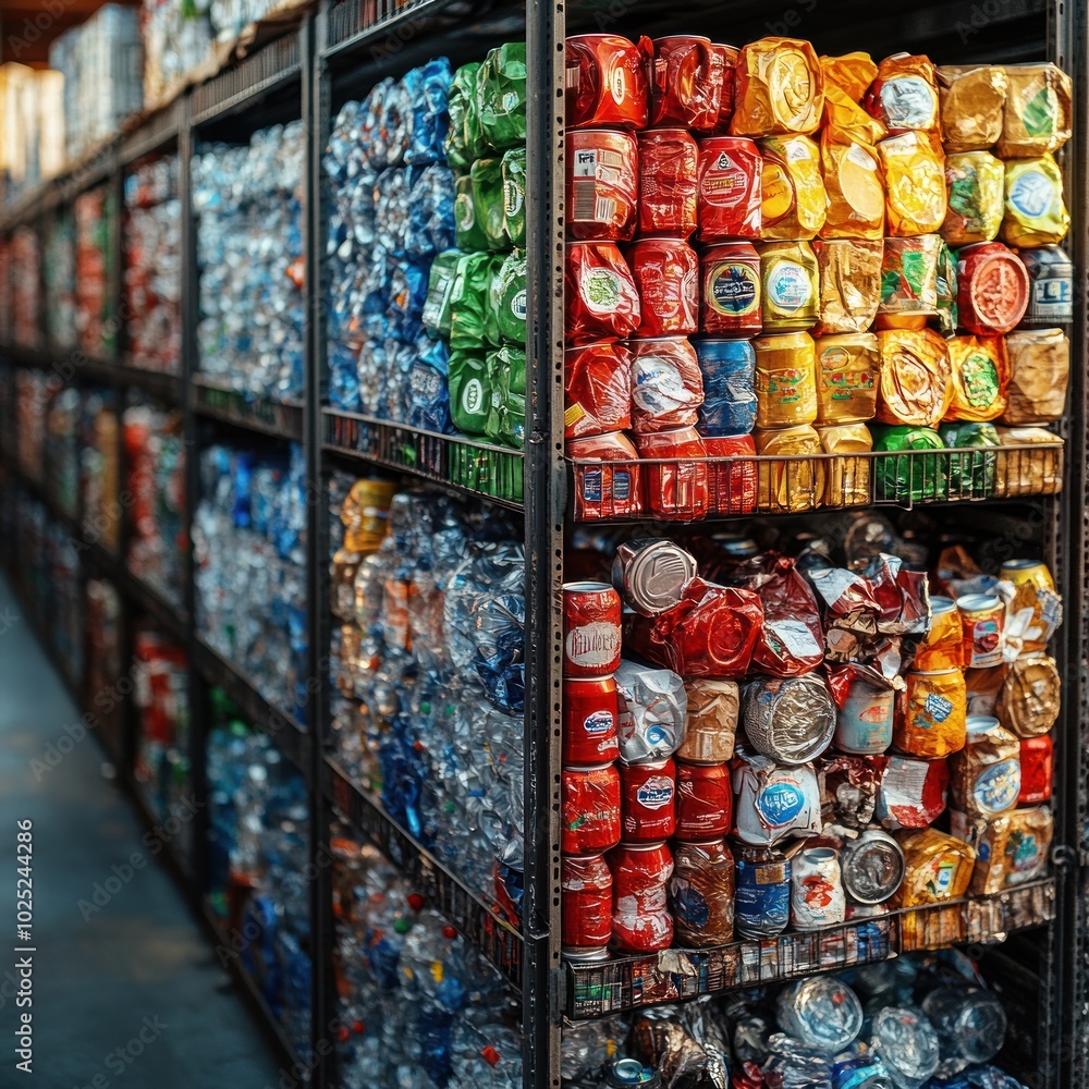 A grocery store aisle stocked with rows of canned goods and bottled water. A grocery store aisle stocked with rows of canned goods and bottled water.