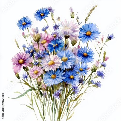 A watercolor bouquet of cornflowers and chamomiles.