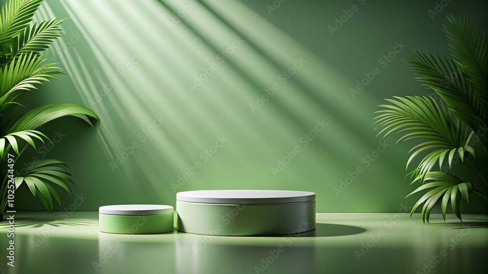 Abstract scene background showcasing a cylinder podium on a green surface, perfect for creating a fresh and lively product display. Abstract scene background showcasing a cylinder podium on a green surface, perfect for creating a fresh and lively product display.