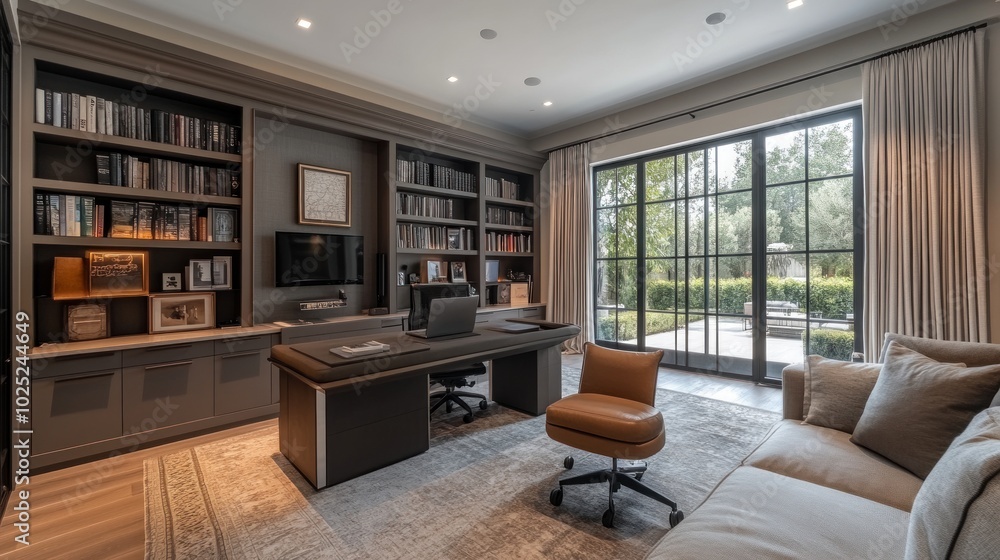 A spacious home office with a large desk, comfortable seating, and floor-to-ceiling windows overlooking a lush garden. A spacious home office with a large desk, comfortable seating, and floor-to-ceiling windows overlooking a lush garden.