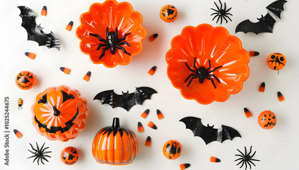 Flat lay composition with plastic pumpkin baskets, paper bats and spiders on white background, space for text. Halloween celebration Flat lay composition with plastic pumpkin baskets, paper bats and spiders on white background, space for text. Halloween celebration