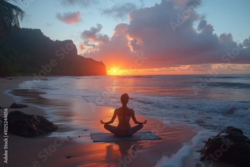 A woman in a yoga pose on a beach at sunrise with the ocean in the background.