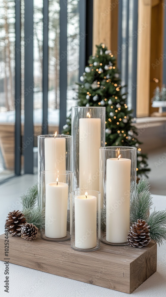 A beautifully arranged long table features glass candle holders and pine cones, set in a minimalist country-style dining room with floor-to-ceiling windows A beautifully arranged long table features glass candle holders and pine cones, set in a minimalist country-style dining room with floor-to-ceiling windows