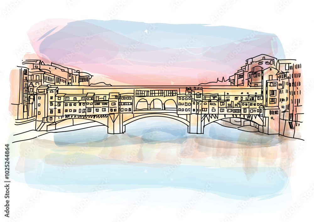 Florence, Italy at the Ponte Vecchio Bridge crossing the Arno River at twilight. vector illustration