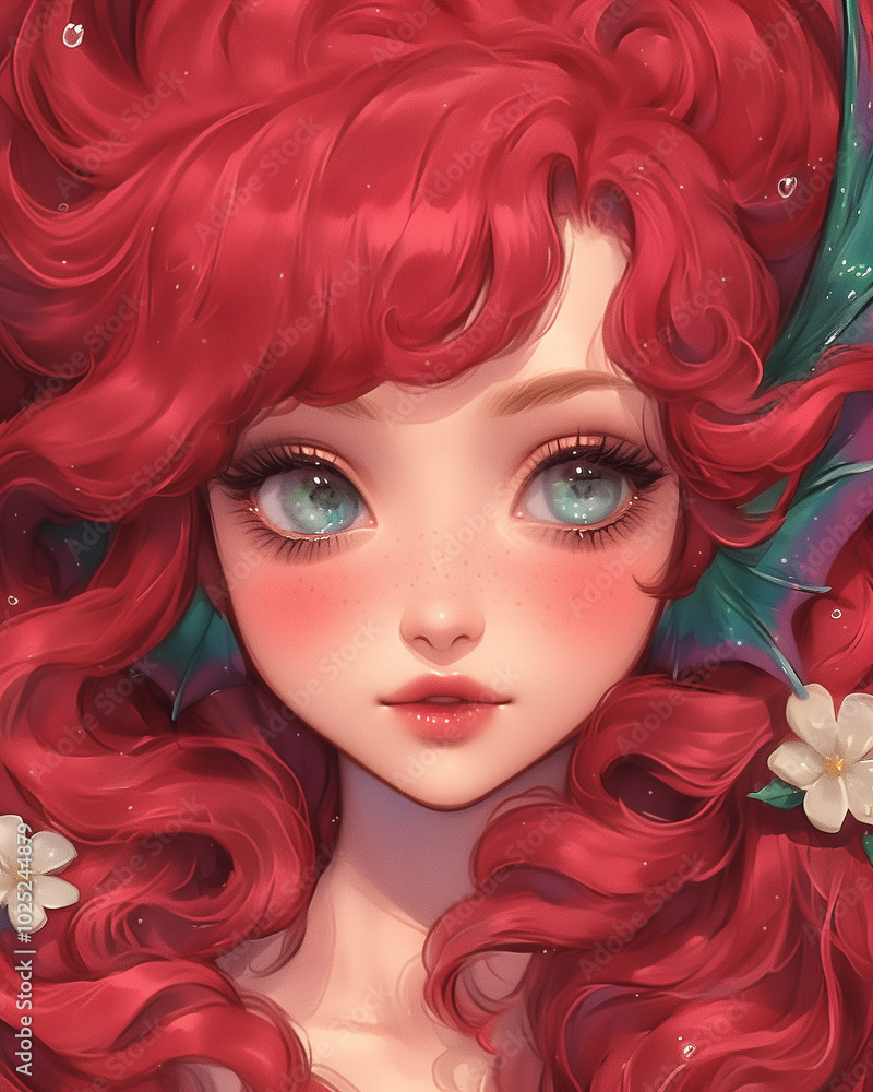 Obraz premium A Beautiful Mermaid with Red Flowing Hair and Cute White Flowers