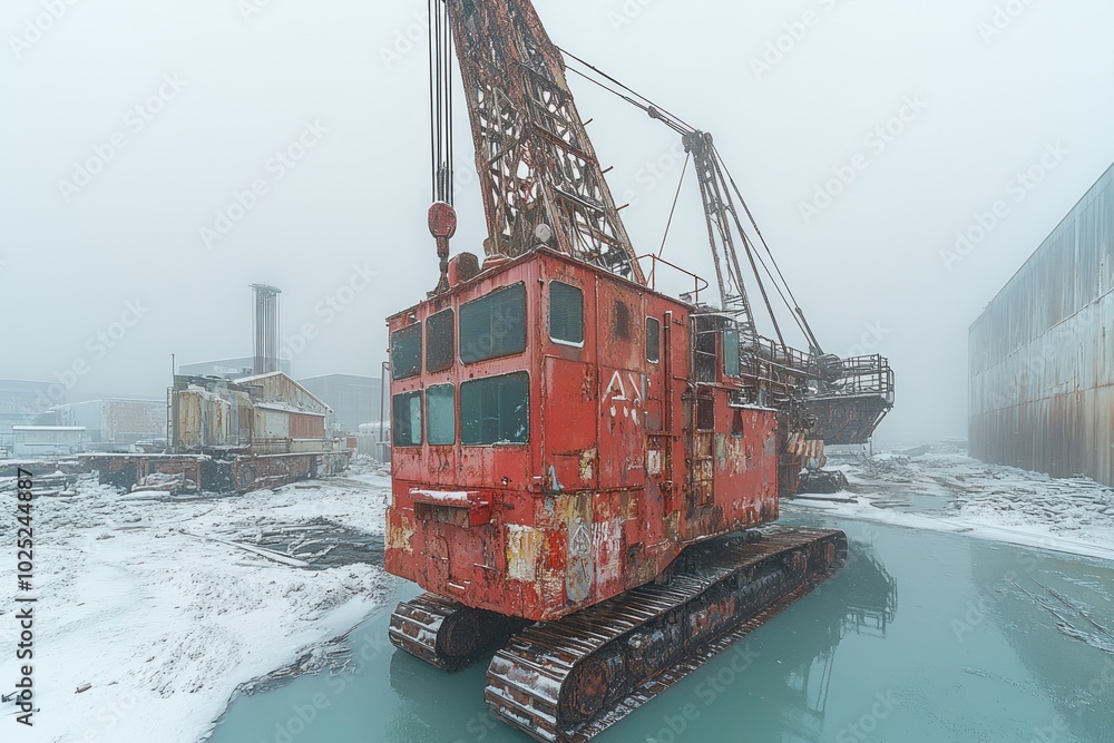 A rusty red excavator sits in a snowy, abandoned industrial area.