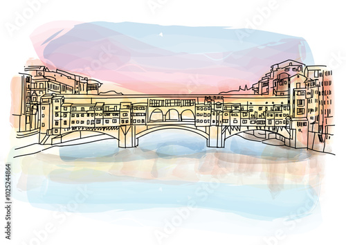 Obraz na płótnie Florence, Italy at the Ponte Vecchio Bridge crossing the Arno River at twilight. vector illustration w salonie