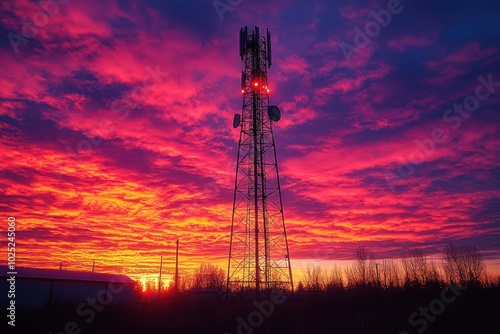 A tall cell phone tower stands silhouetted against a vibrant, fiery sunset sky. The tower has multiple antennas and a satellite dish.