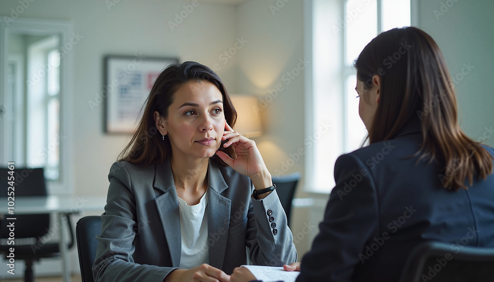Obraz premium Two businesswomen engaged in serious conversation during professional meeting in modern office