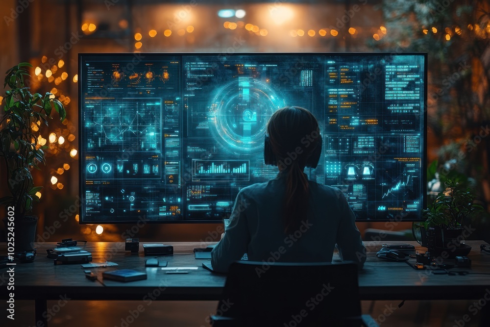 A woman sits at her desk in a dark room, staring at a large screen displaying data and graphs. A woman sits at her desk in a dark room, staring at a large screen displaying data and graphs.