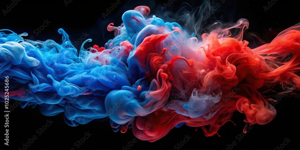 Blue and red paint beautifully swirling in water creating a mesmerizing abstract pattern on a black background, artistic, water, paint, pattern, blue, black background, swirling, fluid Blue and red paint beautifully swirling in water creating a mesmerizing abstract pattern on a black background, artistic, water, paint, pattern, blue, black background, swirling, fluid