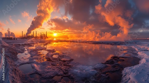 A power plant with steam rising into a fiery sunset sky, reflecting in the snow and ice on the ground. photo