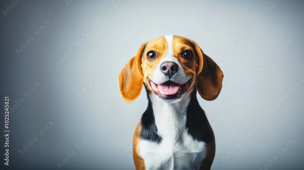 A cheerful beagle gazes directly at the camera against a bright white background, showcasing its lively personality A cheerful beagle gazes directly at the camera against a bright white background, showcasing its lively personality