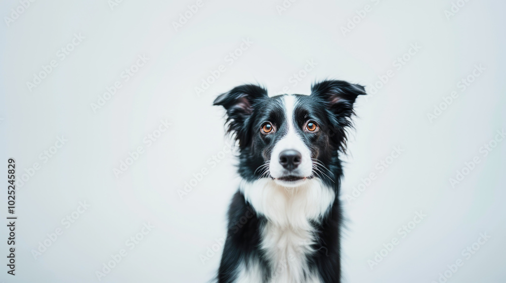 A happy border collie poses for the camera against a bright white background in a professional studio setting A happy border collie poses for the camera against a bright white background in a professional studio setting