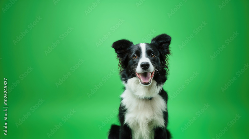 A joyful border collie gazes at the camera on a vibrant green backdrop with balanced lighting A joyful border collie gazes at the camera on a vibrant green backdrop with balanced lighting