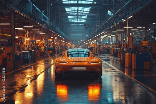 A lone orange sports car sits on an assembly line in a large factory.