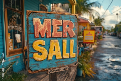 A weathered wooden sign with the word 