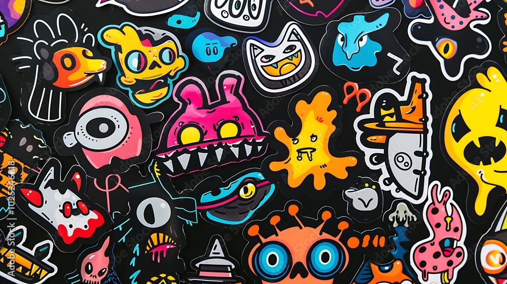 A collection of unique stickers on a solid black background A collection of unique stickers on a solid black background