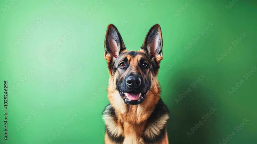 Happy German Shepherd posing for the camera against a bright green background in a professional studio setting Happy German Shepherd posing for the camera against a bright green background in a professional studio setting