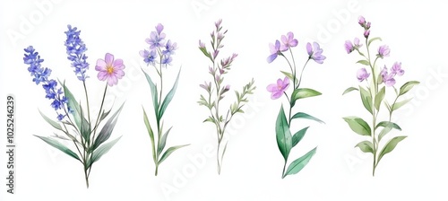 Set of watercolor wildflower bouquets. Delicate herb arrangements.