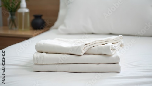 Freshly made bed with neatly folded cotton sheets and linen spray photo