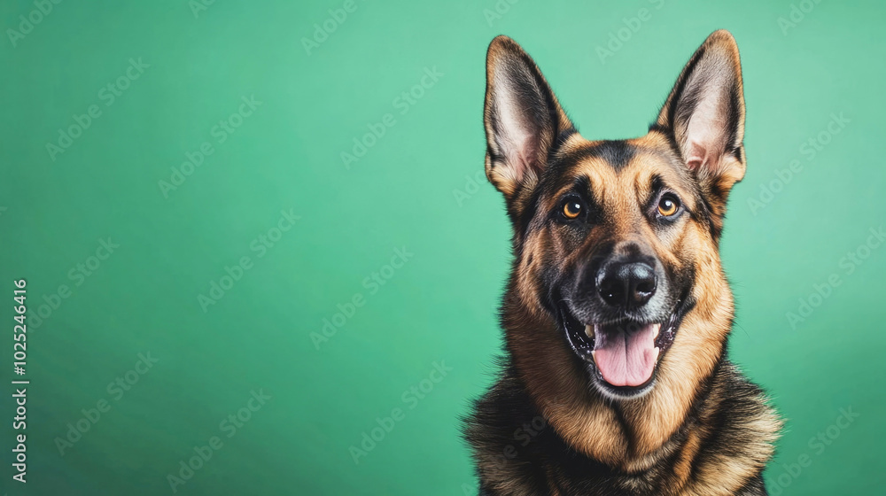 A happy German Shepherd posing for the camera against a bright green background in a well-lit studio setting