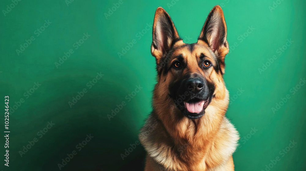 Happy German Shepherd looking directly at the camera on a bright green background in a professional studio setting Happy German Shepherd looking directly at the camera on a bright green background in a professional studio setting