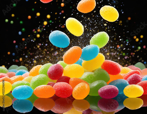 Colorful jelly beans cascading from above onto a reflective surface during a festive celebration photo