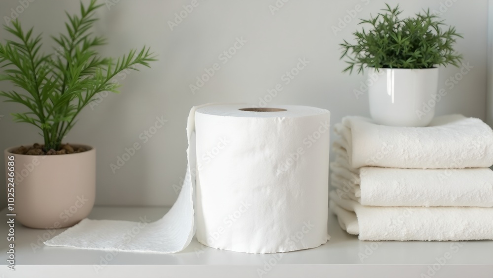 Bathroom shelf with soft toilet paper extra rolls and a decorative plant Bathroom shelf with soft toilet paper extra rolls and a decorative plant