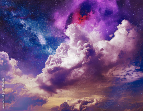Vibrant cosmic clouds blend with stars and colors in a stunning evening sky at dusk