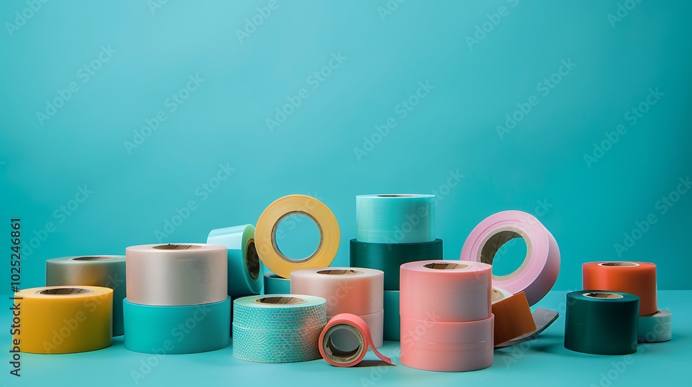 A group of assorted tape rolls on a solid blue background A group of assorted tape rolls on a solid blue background