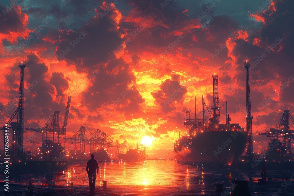 A lone figure stands on a dock, silhouetted against a fiery sunset over a bustling port. A lone figure stands on a dock, silhouetted against a fiery sunset over a bustling port.