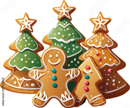 Galletas navideñas decoradas, galletas en forma de estrella, árbol, y hombre de jengibre, decoradas con glaseado de colores brillantes, simulando un estilo artesanal.