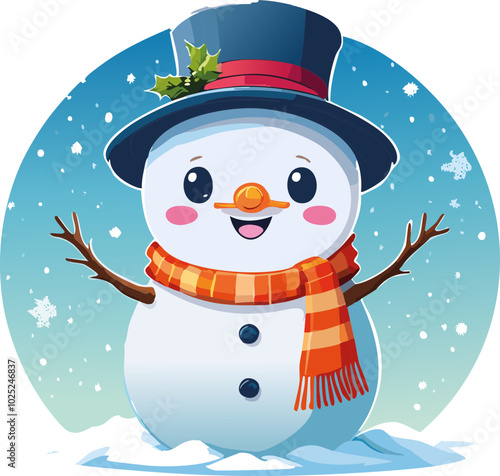 Muñeco de nieve kawaii: Un muñeco de nieve con una cara adorable y grandes ojos, bufanda de rayas y gorro de lana, con detalles de nieve cayendo a su alrededor, estilo caricaturesco.