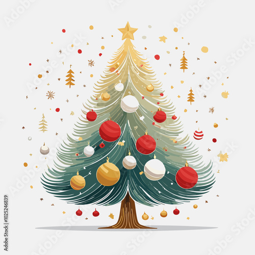 Árbol de Navidad minimalista: Un árbol de Navidad simple pero elegante, decorado con esferas y estrellas, en colores verde, dorado y rojo, con líneas limpias y modernas.