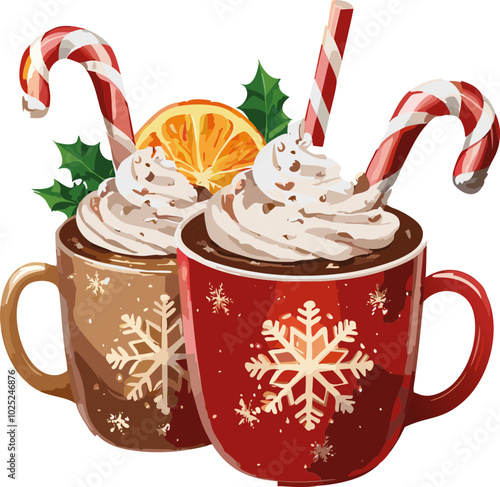 Tazas de chocolate caliente navideñas, tazas de chocolate humeante con crema batida y bastones de caramelo, decoradas con detalles de estrellas y copos de nieve.
