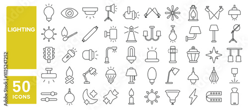 Set of 50 line icons related to lighting, light, lamp, flash, bulb, spotlight, chandelier, led, flashlight, lighthouse, Editable stroke. Vector illustration