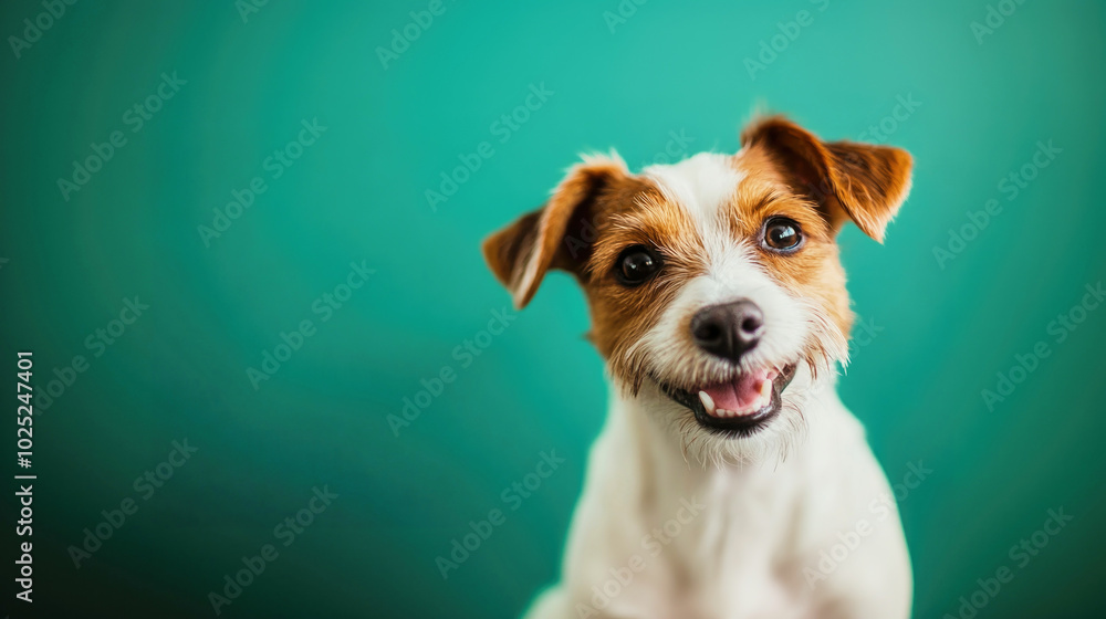 A cheerful jack russell terrier gazes at the camera against a bright green backdrop in a studio setting A cheerful jack russell terrier gazes at the camera against a bright green backdrop in a studio setting